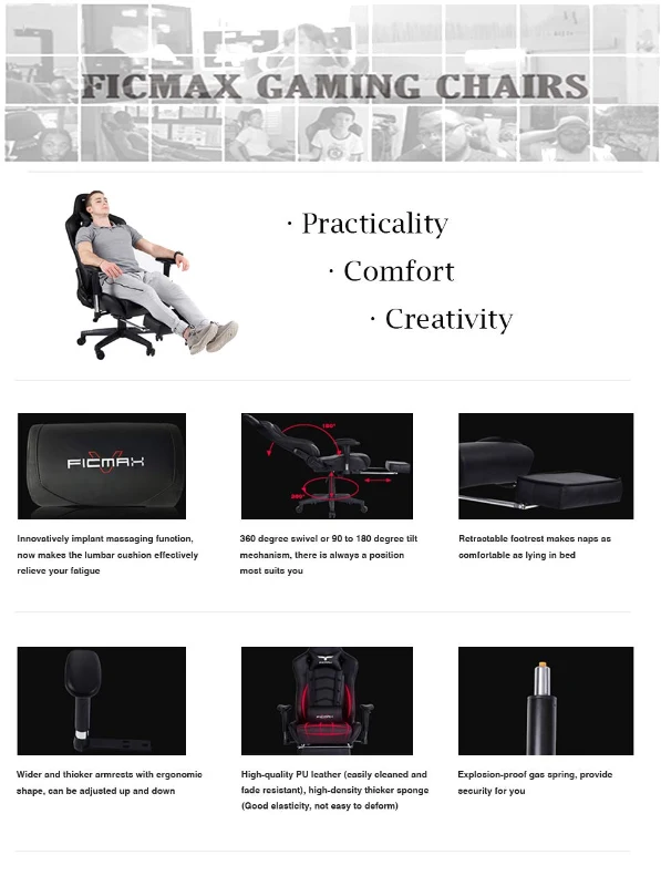 Ficmax Ergonomic  Racing Style Gaming Chair  High-Back Computer  PC Swivel  Seat with Massage Lumbar  Support and Headrest Pillow -Black