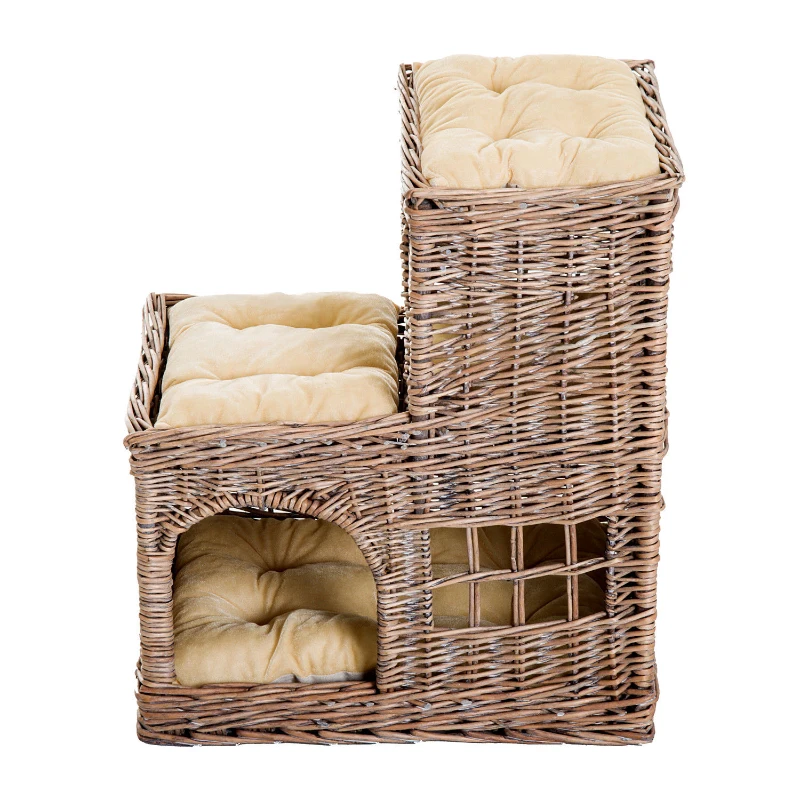 Pawhut 3-Tier Handcrafted Wicker Cat Condo Lounge Bed Indoor Outdoor Play House w/ Soft Cushions