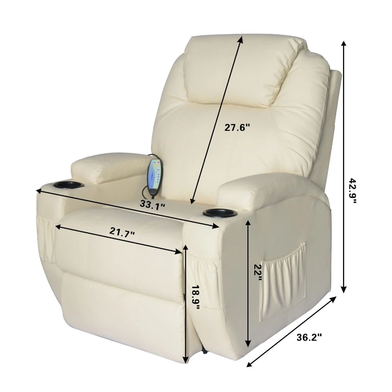 HomCom Faux Leather Heated Massage Recliner Chair with Remote - Cream White