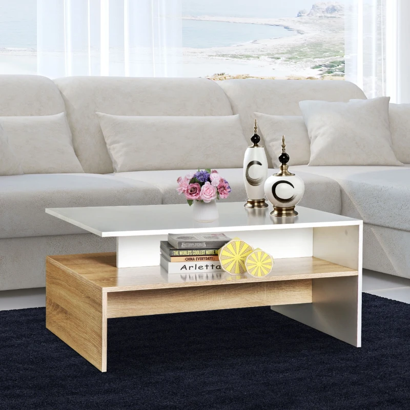 HOMCOM Modern Coffee Table,  2-tier Rectangular Center Table with Storage Shelves for Living Room, White/Natural Wood
