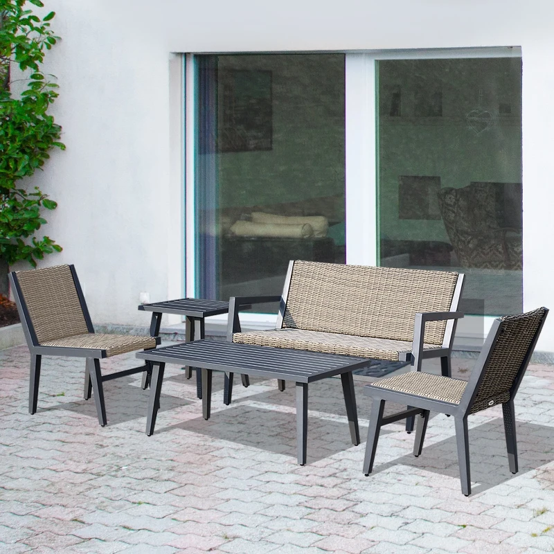 Outsunny 5 Piece Outdoor Patio Rattan Wicker Loveseat Conversation Set