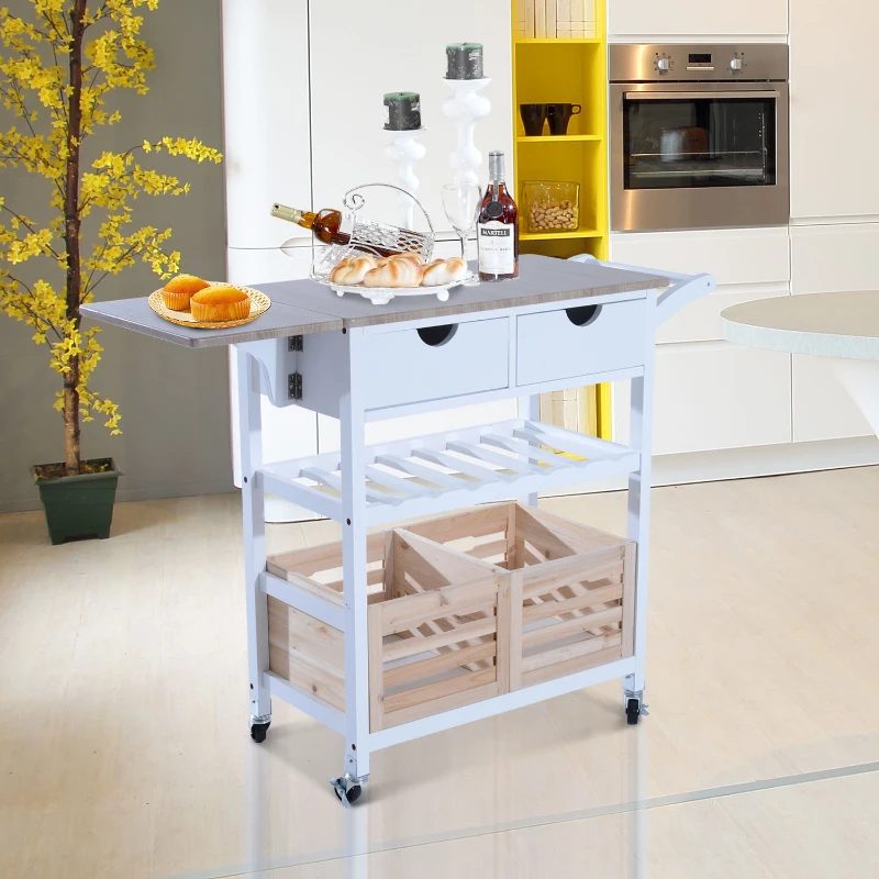 HomCom 34" Rolling Drop-Leaf Kitchen Trolley Serving Cart with Wine Rack