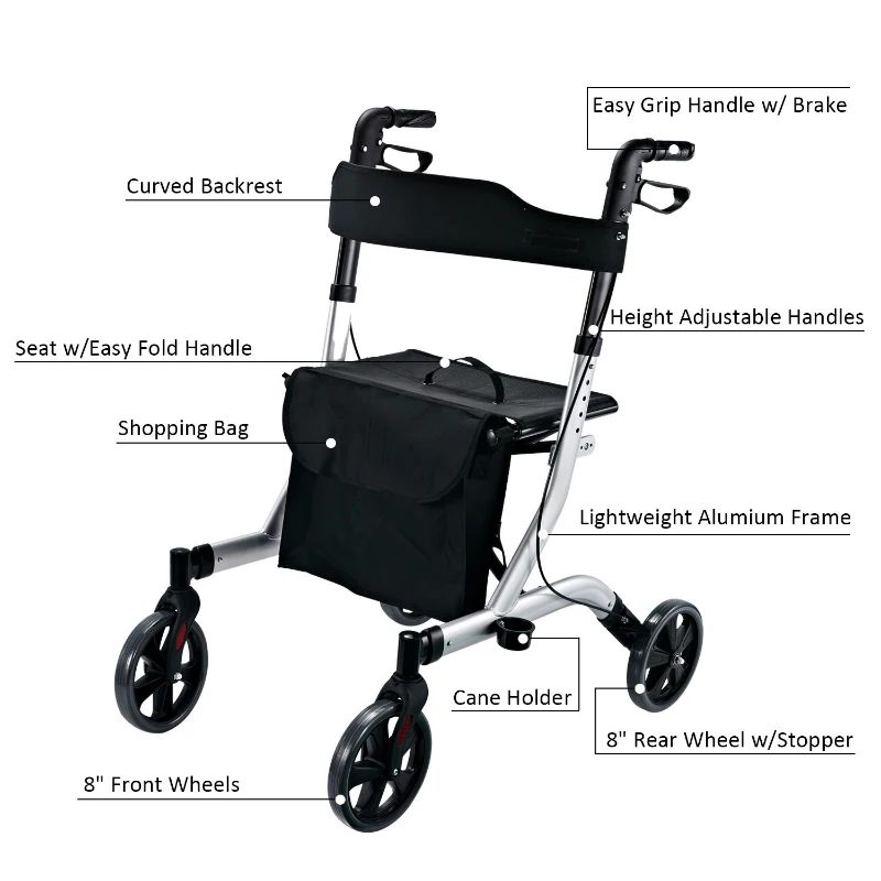 HomCom Aluminum Folding Rollator Walker w/ Seat and 8" Wheels