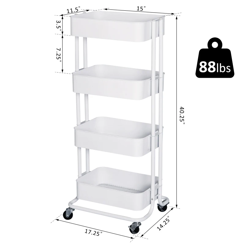 HOMCOM 4-tier Rolling Metal Kitchen Utility Cart Trolley with Storage - White
