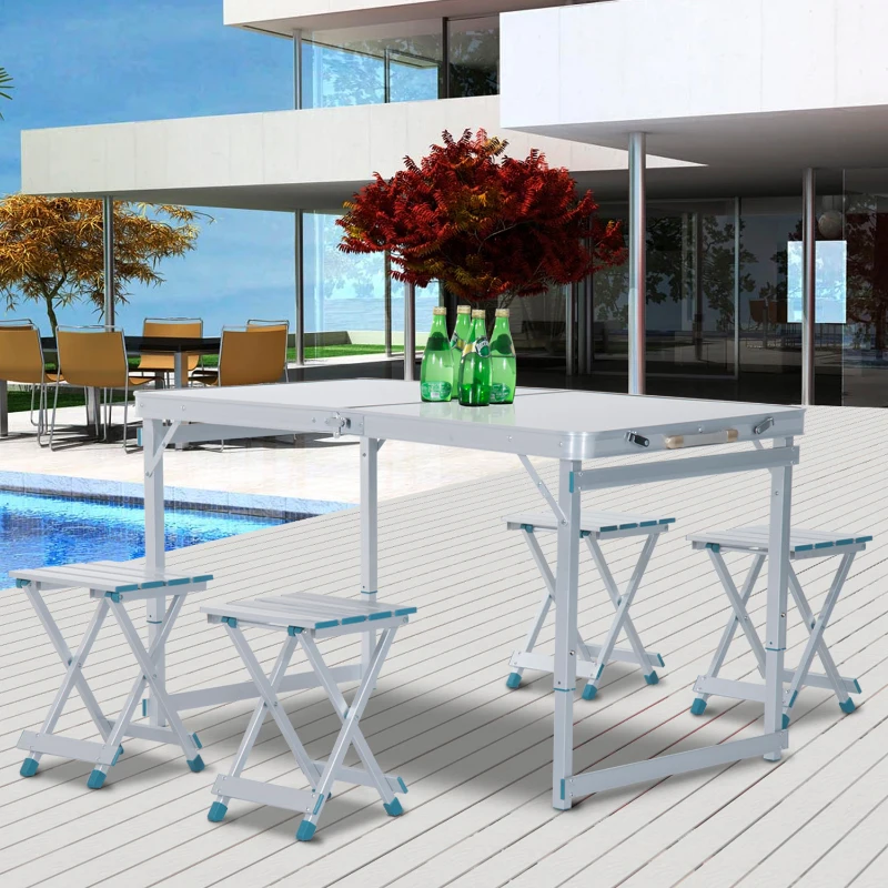 Outsunny 4' Aluminum Portable Folding Outdoor Picnic Camping Table with 4 Seats - Silver
