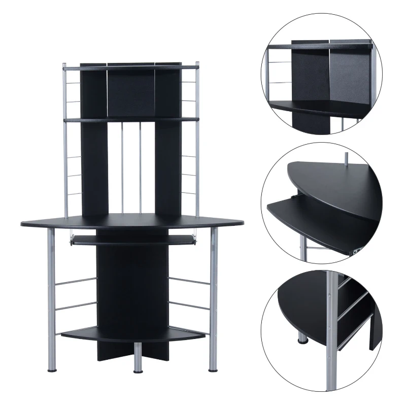 HomCom 45" Arch Tower Compact Modern Corner Computer Workstation Desk With Keyboard Tray And Shelves - Black