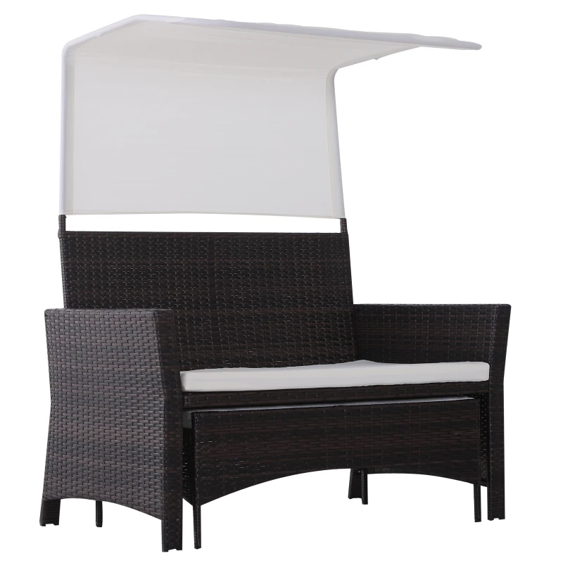 Outsunny 2 Piece Rattan Wicker Outdoor Loveseat with Sunshade Canopy and Nesting Ottoman Footrest - Brown