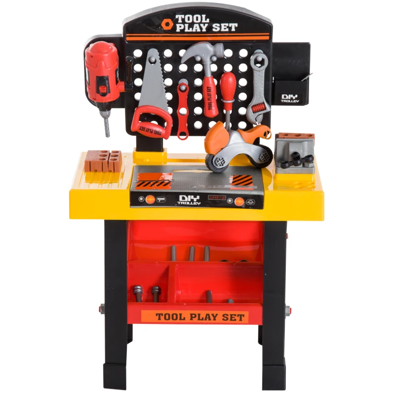 Qaba 53 Piece Kids Portable Pretend Play Toy Tool Workshop Bench Table Set with Shelf