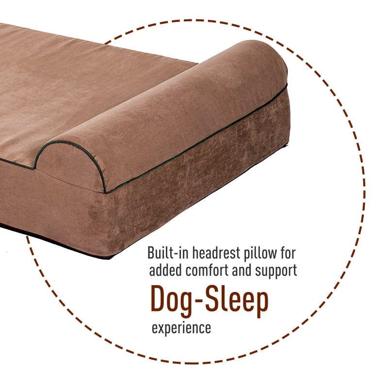 PawHut Orthopedic 52" x 36" Suede Padded Pet Dog Bed  Memory Foam Bolster with Pillow - Brown with Army Green Liner