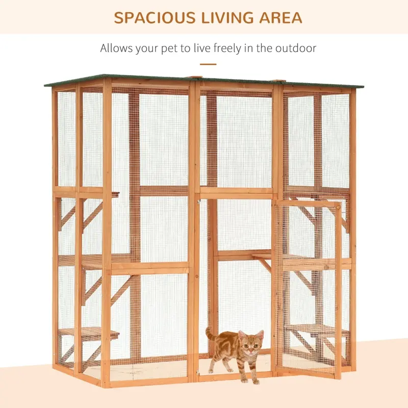 PawHut 71" x 39" x 71" Large Tall Wooden Safe Outdoor Cat Enclosure Catio Cage Heavy Duty Pet Habitat Playpen with 6 Platforms