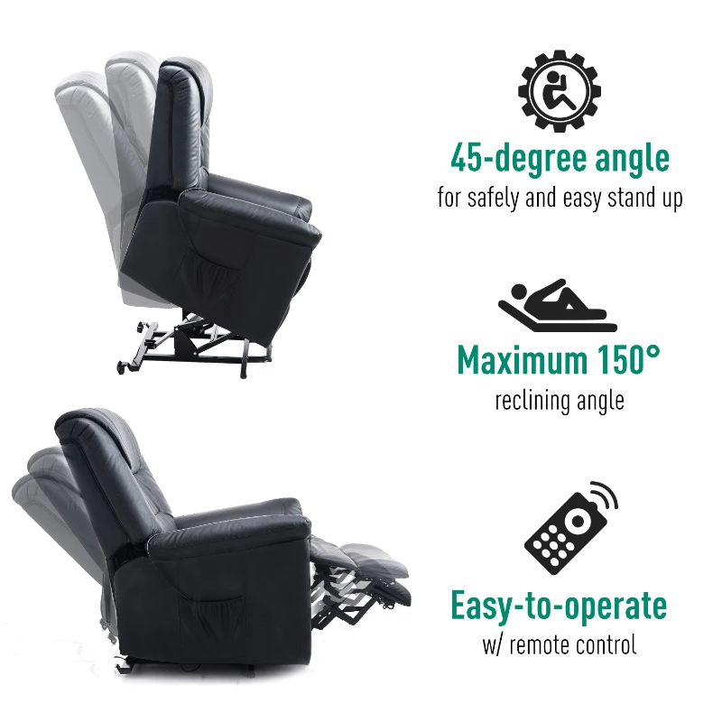 HOMCOM Faux Leather Three Position Power Lift Recliner Chair With Remote - Black