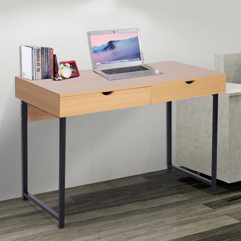 HomCom 20" Wood Metal Modern Computer Desk with Slide Out Drawers - Natural Wood / Black