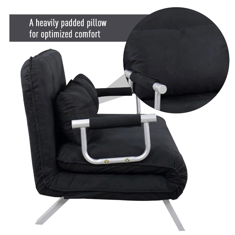 HomCom Full Size Folding 5 Position Steel Convertible Sleeper Bed Chair- Black