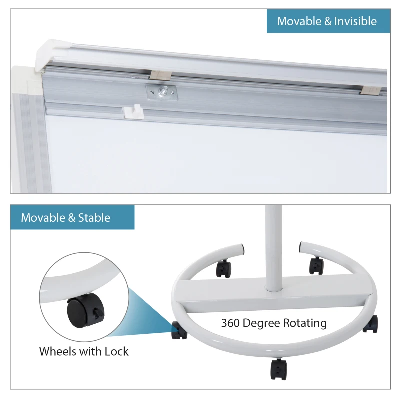 Vinsetto 28" x 40" Magnetic Height Adjustable Rolling Whiteboard Easel with Wheels