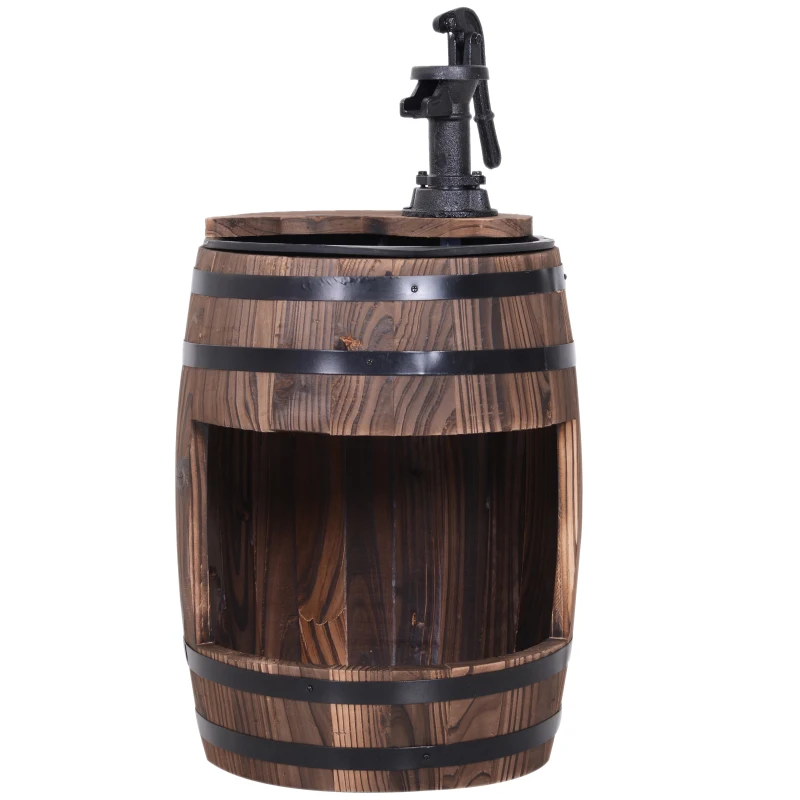 Outsunny Barrel Water Fountain Wood Metal Rustic Outdoor Apple Garden Decor Pump with Flower Planter