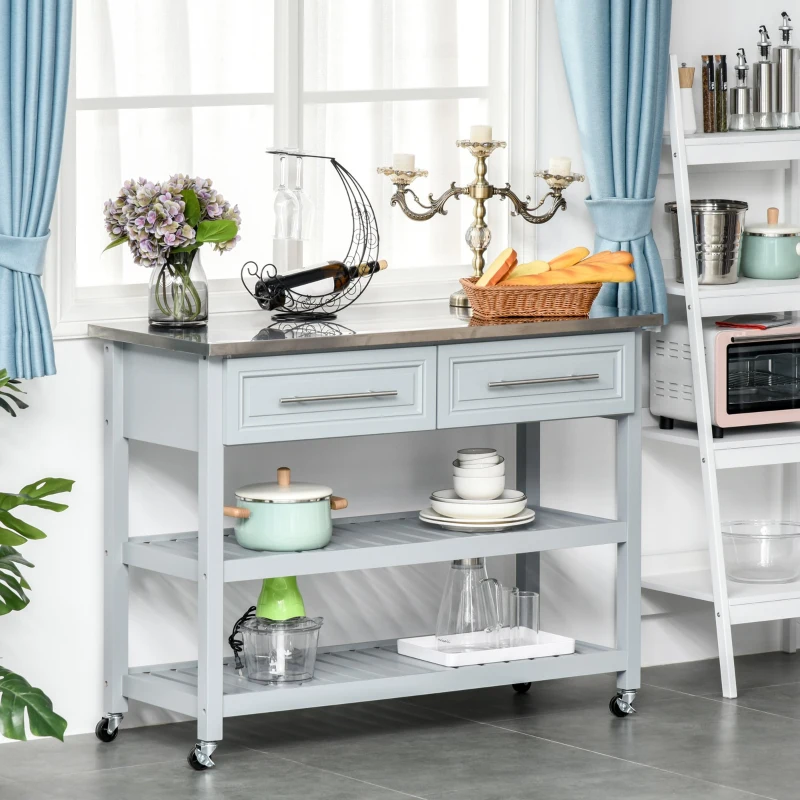 HomCom Wood Stainless Steel Portable Kitchen Island Cart on Wheels - Gray
