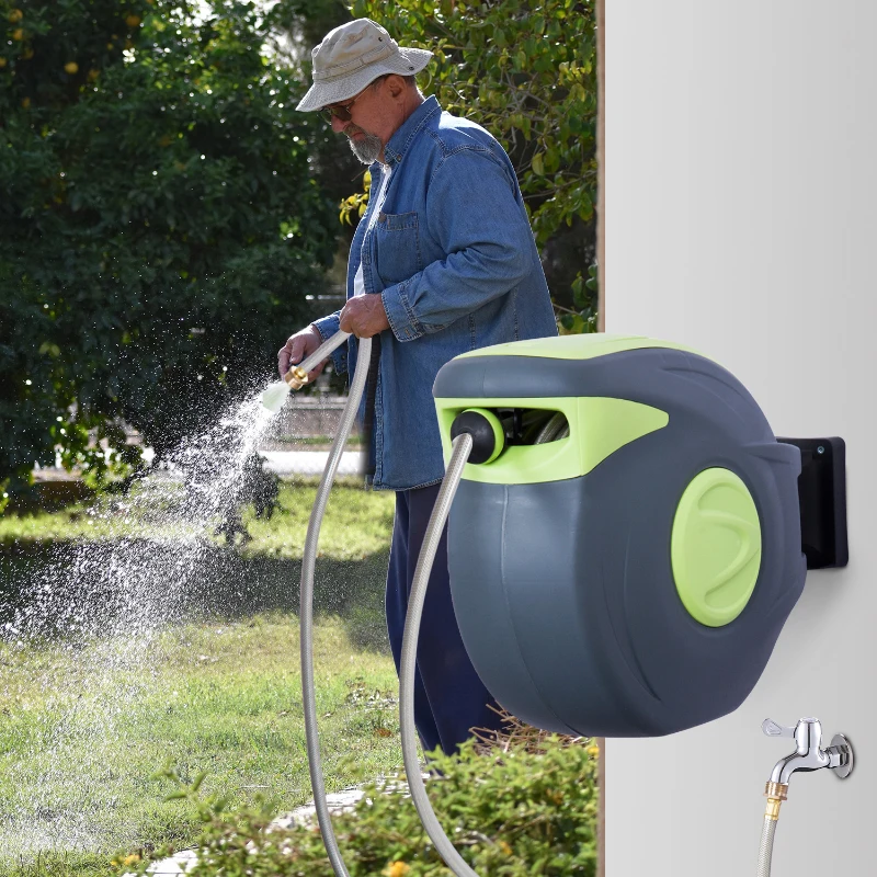 Outsunny 100’ Plastic Portable Outdoor Wall Mount Retractable Water Hose Reel