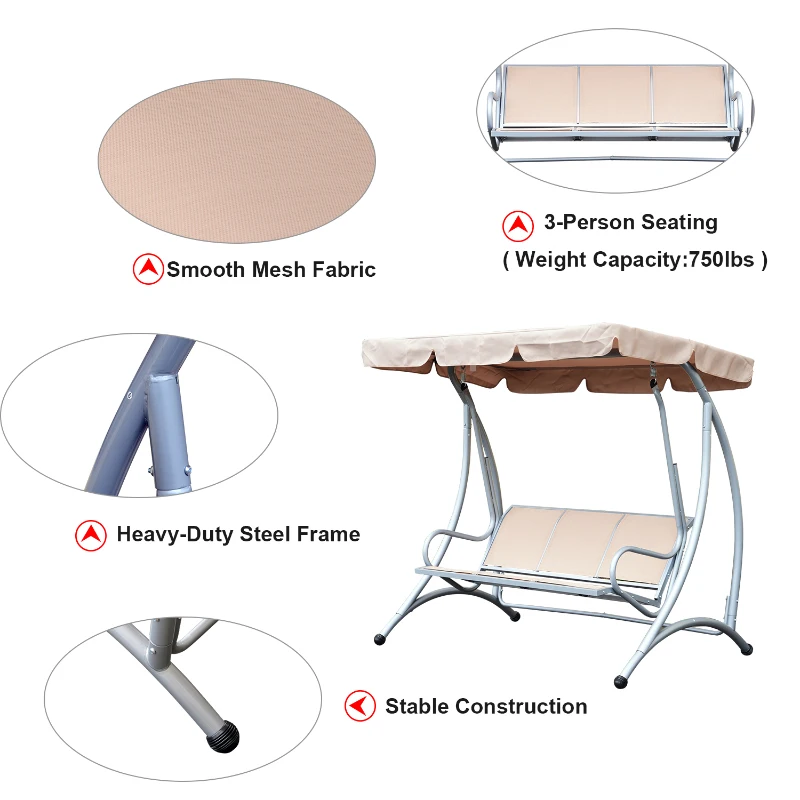 Outsunny 3-Seater Patio Swing Chair with Adjustable Canopy Top, Comfortable Outdoor Swing Bench, Beige - Great for Backyard & Balcony