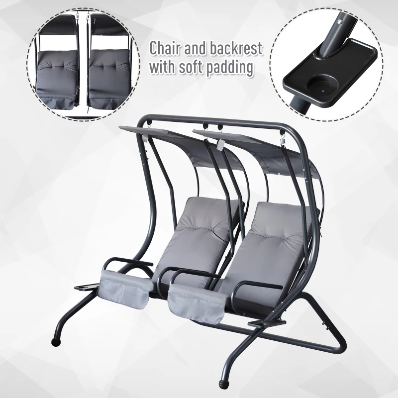 Outsunny Modern Outdoor Relax Deck/Patio Swing Chairs with 2 Separate Seats and Removable Shade Canopy -  Grey and Black