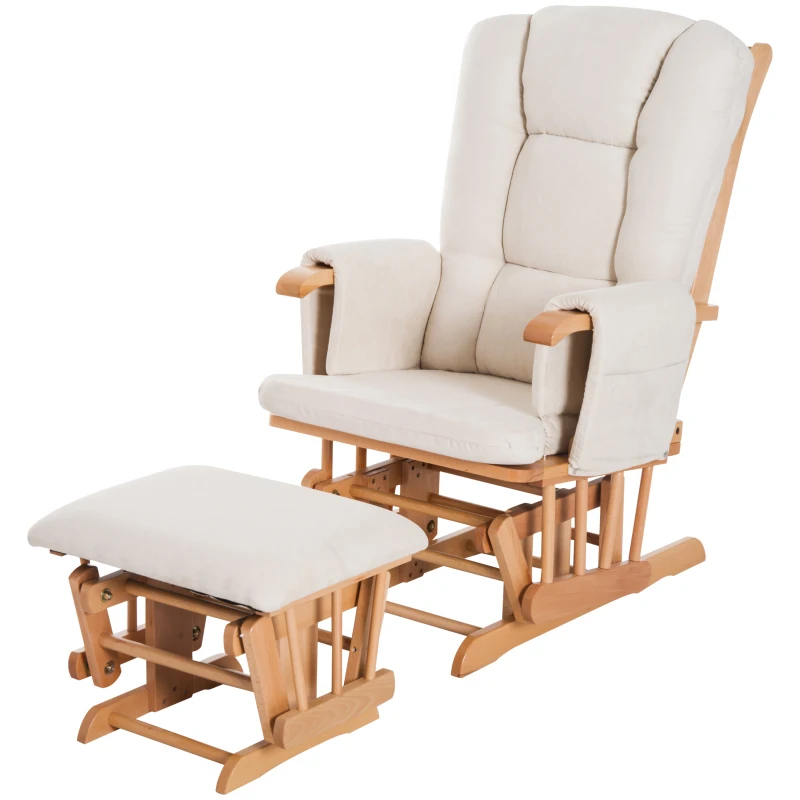 HomCom 2 Piece Ultra-Plush Reclining Rocking Chair with Gliding Ottoman Set - White / Natural Wood