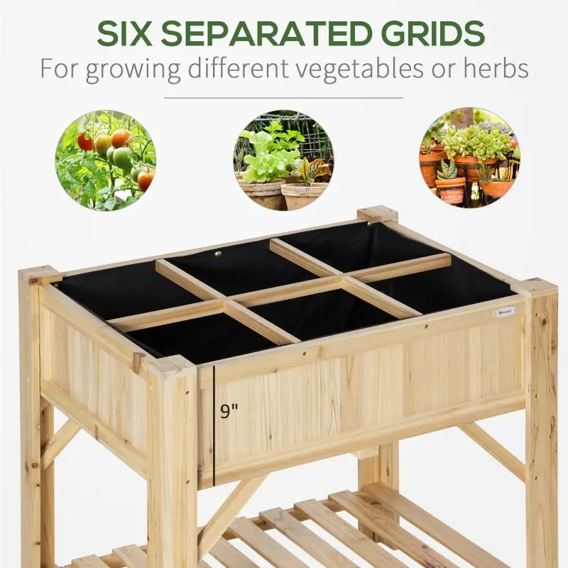 Outsunny 31x23x32 Inch 6 Pocket Garden Planter Box Vertical Raised Bed, Elevated Wood Standing Planters with Grow Grid, Legs, Storage Shelf, Vegetable, Flower, Herb