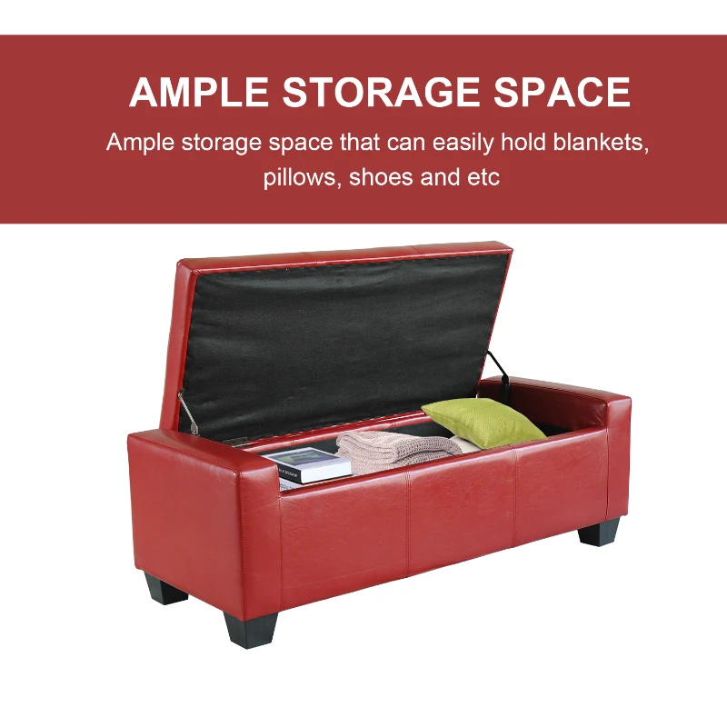 HOMCOM Chic Ottoman Bench, Faux Leather Storage Footrest, Modern Sofa Shoe Bench, Vibrant Red - Perfect for Living Room & Entryway