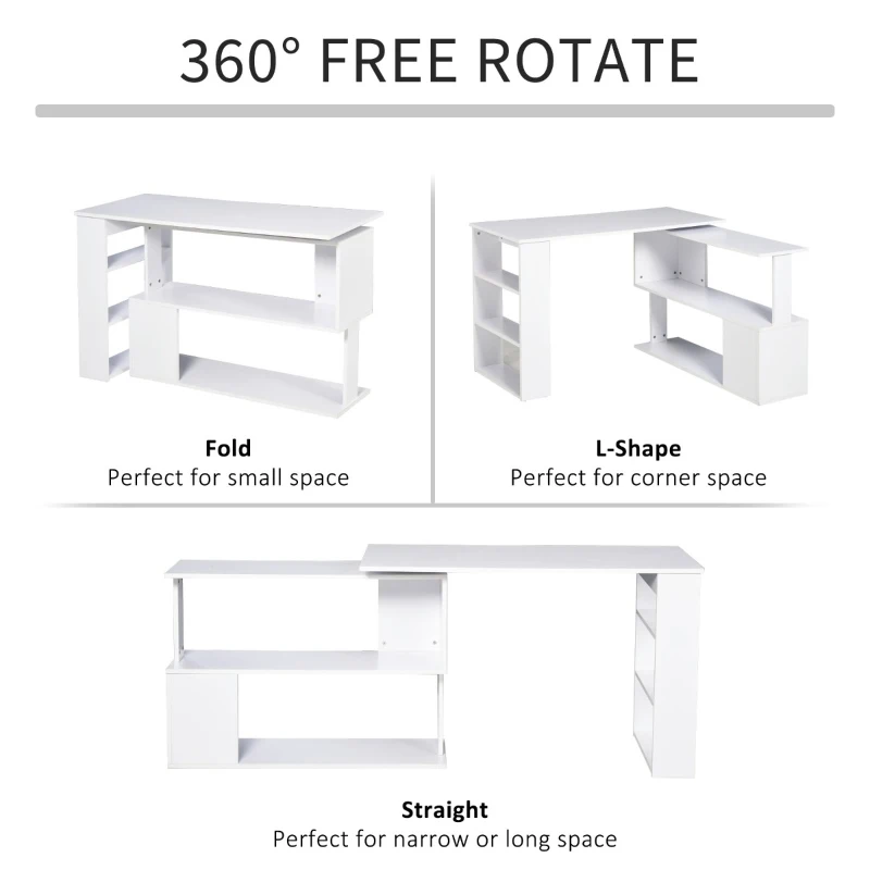 HomCom 360° Rotating Home Office Corner Desk and Storage Shelf Combo L-Shaped Table Workstation - White