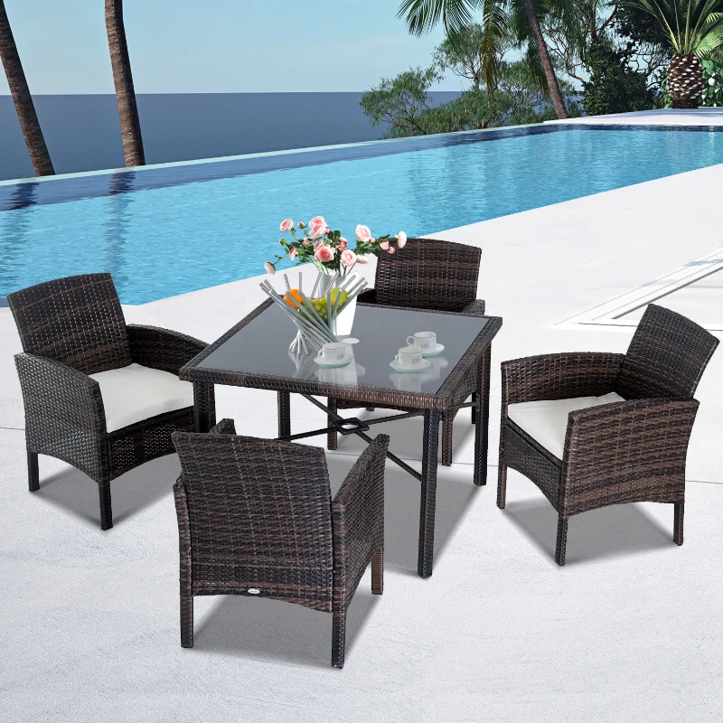 Outsunny 5 Piece Outdoor Patio Rattan Wicker Table Padded Sofa Chair Dining Set
