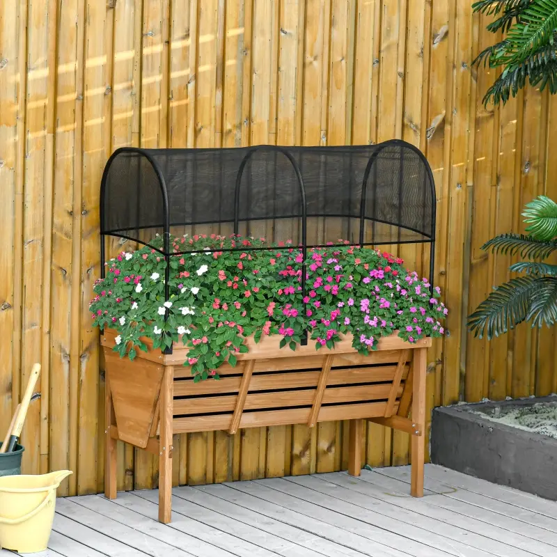Outsunny Wood Raised Garden Bed with Sunshade Canopy, Planting Box,  Outdoor Vegetable Flower Container, Orange and Black