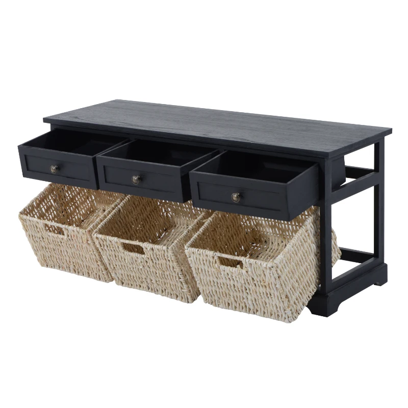 HomCom 40” Rustic Wooden 3 Drawer 3 Basket Storage Bench - Antique Black