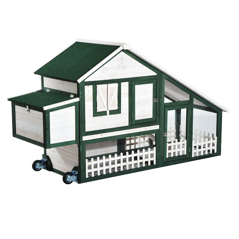 Open Box PawHut 76" Portable Slanted Wooden Chicken Coop Kit With Wheels, Covered Run And Nesting Box 