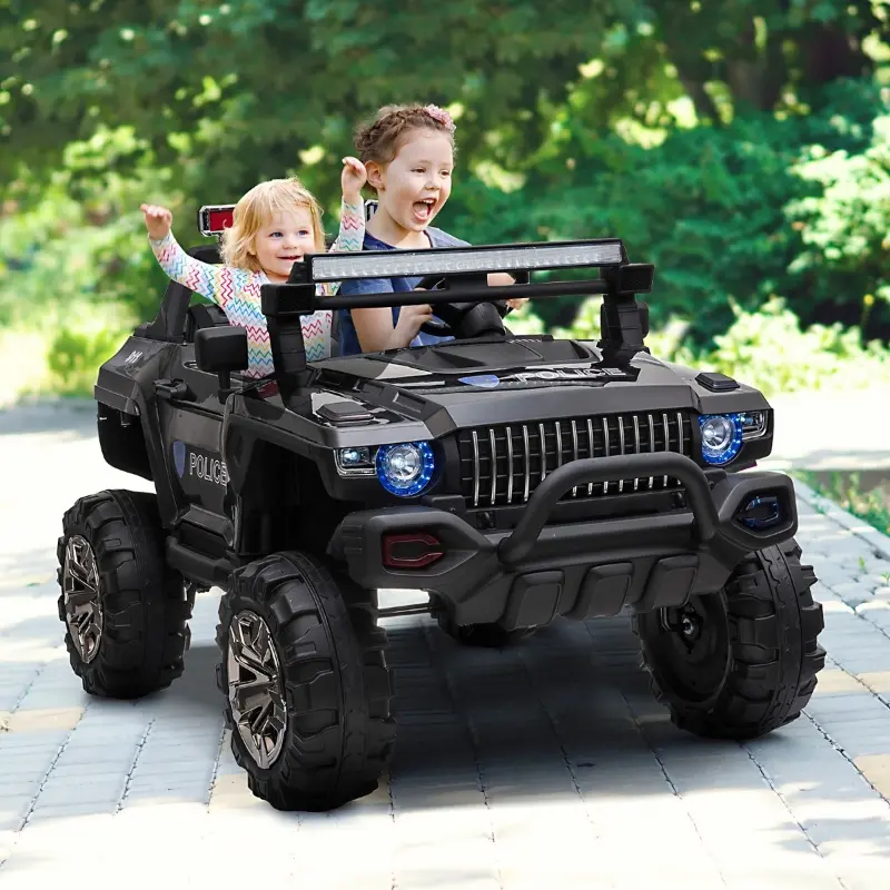 Aosom 12V Ride On Car 2-Seat Police Truck w/ Remote Control & 3 Speeds & LED Light Bar and Audio Input - Black