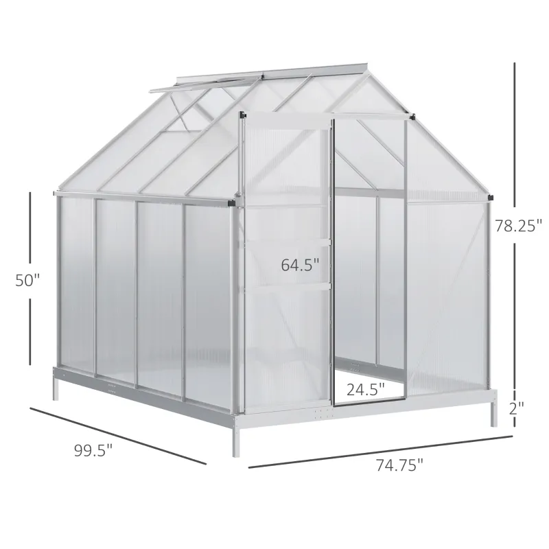 Outsunny 8' x 6' Aluminum Outdoor Greenhouse, Polycarbonate Walk-in Garden Greenhouse Kit with Adjustable Roof Vent, Rain Gutter and Sliding Door for Winter, Silver
