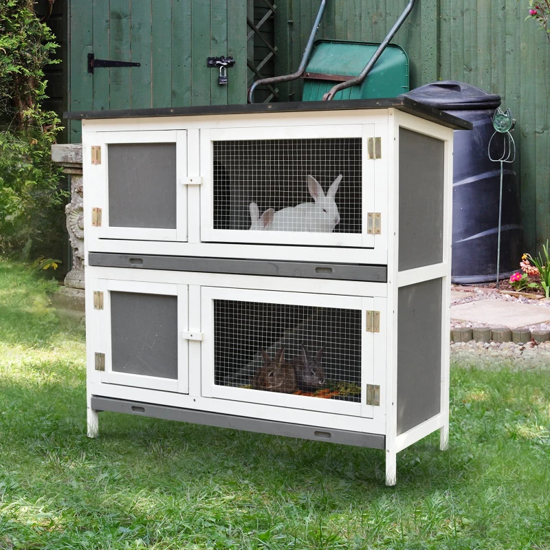PawHut Solid Wood Double Rabbit Hutch with 2 Large Main Rooms and Firm Cage - Grey