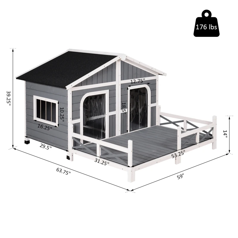 PawHut Large Wooden Dog House, Grey - Spacious Shelter for Pets, Perfect for Porch or Deck, 59" L