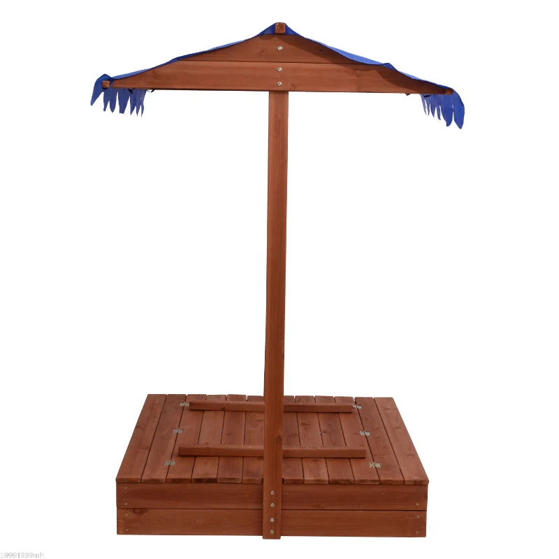 Qaba Wooden Covered Convertible Sandbox w/ Canopy and Bench Seats