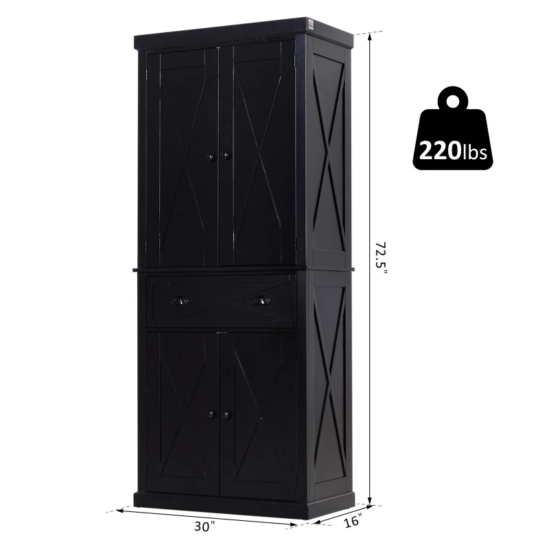HOMCOM 5ft Tall Wood Kitchen Storage Cabinet with Adjustable Shelves, 2 Wood Pantries, Drawer and Sturdy Design - Black