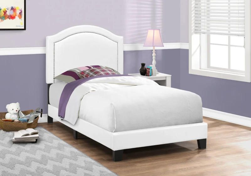 Monarch Twin Size Contemporary Upholstered Bed Frame with Chrome Nail Head Trim and Wood Legs - White Leather Look