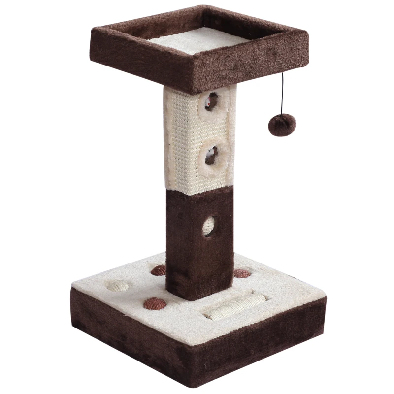 PawHut 2-Tier Cat Tree Tower Scratching Post Furniture with Mice Toy Sisal Ball Roller - Beige / Coffee Brown