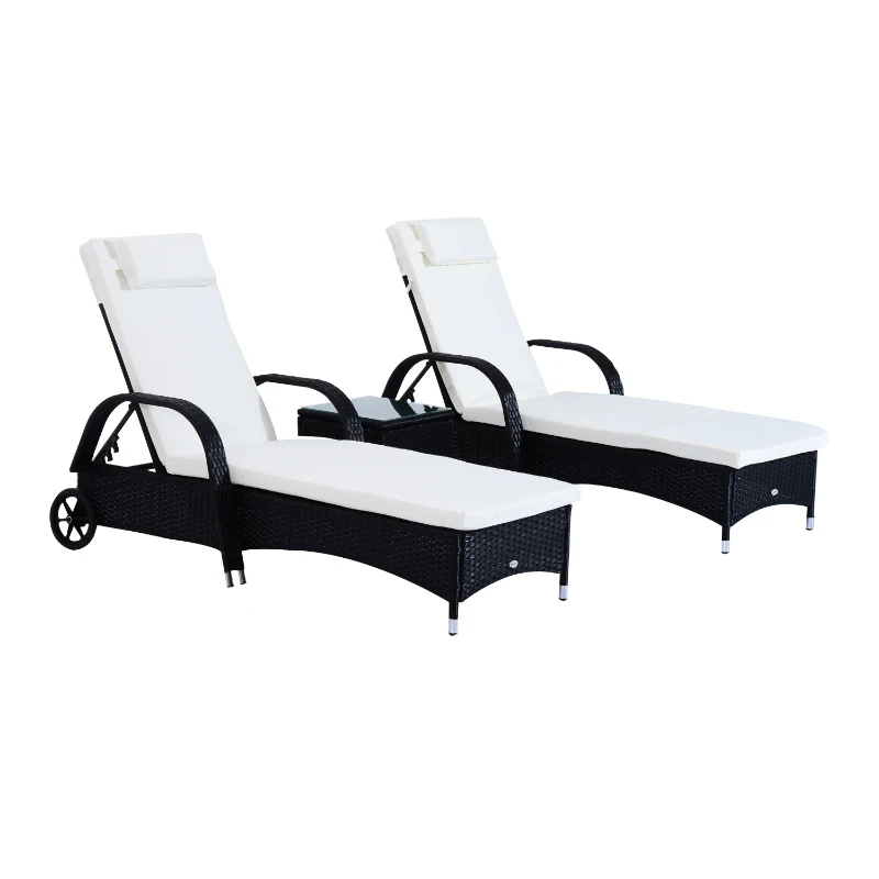 Outsunny 3PC Wheeled Patio Rattan Lounge Set Adjustable Reclining Chaise w/ Side Table - Black