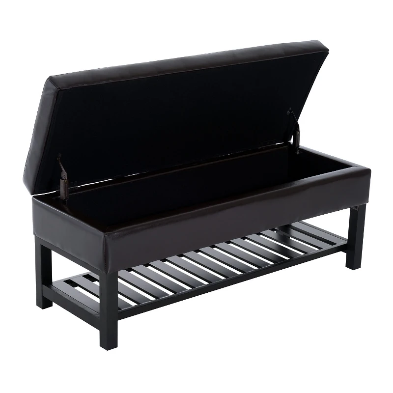 HomCom 44" Modern Entry Faux Leather Bench Seat With Storage And Wooden Shoe Rack - Brown