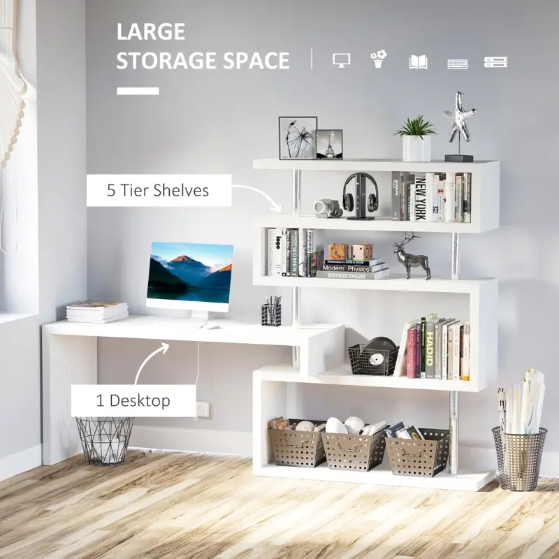 HomCom Rotating Home Office Corner Desk and Storage Shelf Combo - Wood Grain White