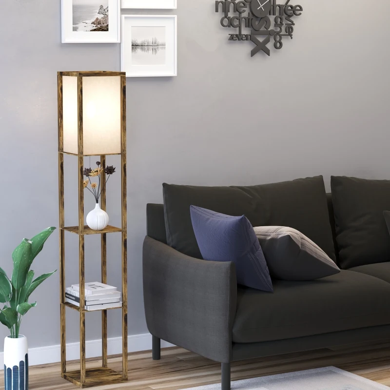 HOMCOM 3-Tier Floor Lamp, Standing Reading Light with Storage Shelves for Living Room, Bedroom, or Dining Room, Rustic Brown