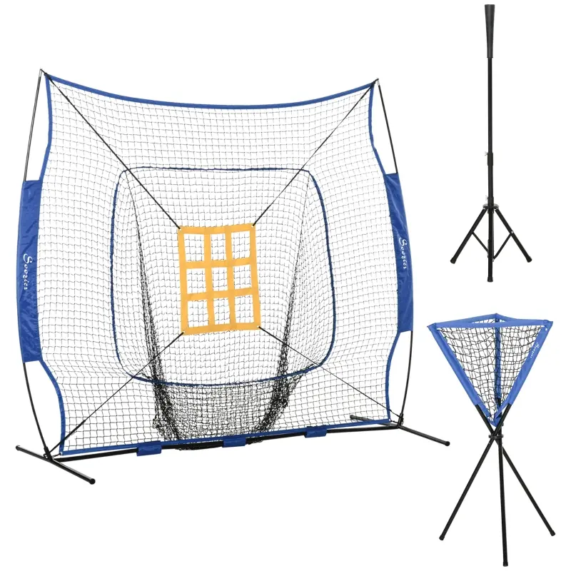 Soozier Baseball Practice Net Set with 7.5x7ft Catcher Net, Ball Caddy and Batting Tee, Portable Baseball Practice Equipment with Carry Bag for Hitting, Pitching, Batting, Catching, Blue