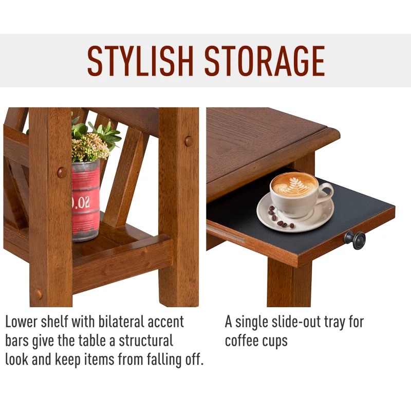 HomCom Modern 2-Tier Acacia Wood End Table Side Desk with Cup Holder and  Lower Shelf - Dark Oak