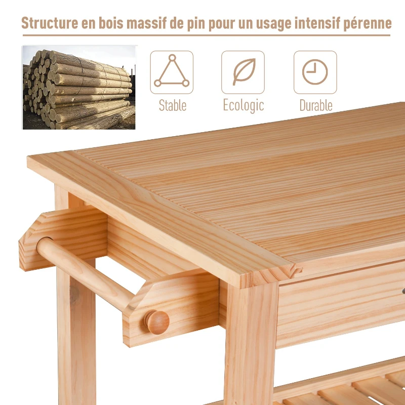 HomCom Kitchen Rolling Island Cart Trolley Cart Storage Rack Shelves w/ 2 Drawers - Pine Wood