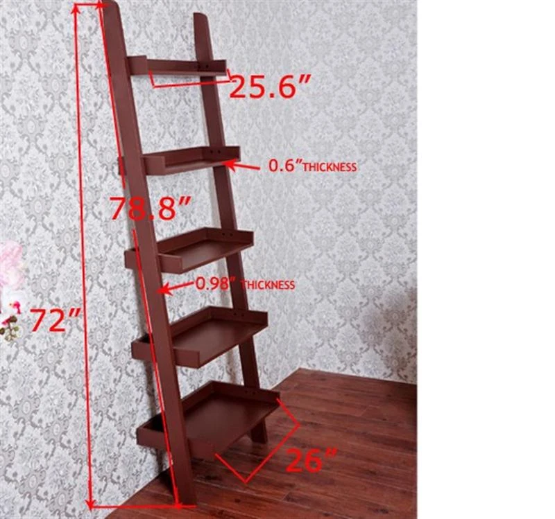 HomCom Brown Wood Leaning Ladder Bookcase Wall Book Shelf Unique 72" High 5-Tier