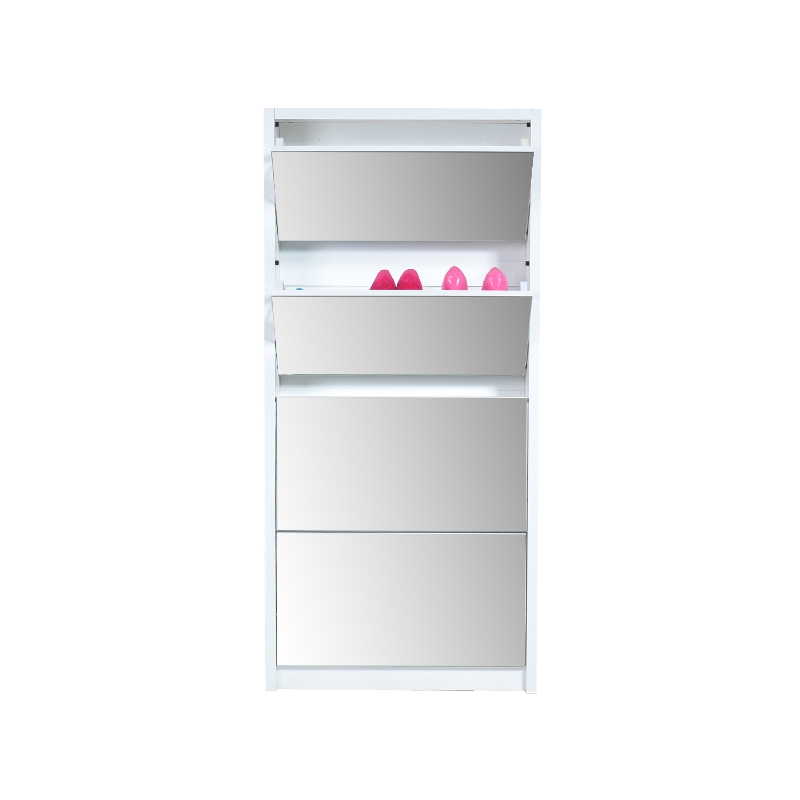 HomCom 4-Door Mirrored Shoe Rack Cabinet - White