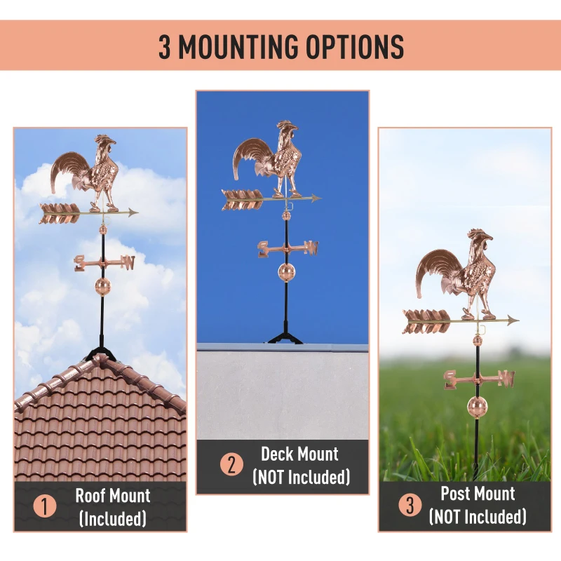 Outsunny Accent Rooster Weather Vane Pure Copper w/ Roof Mount Décor