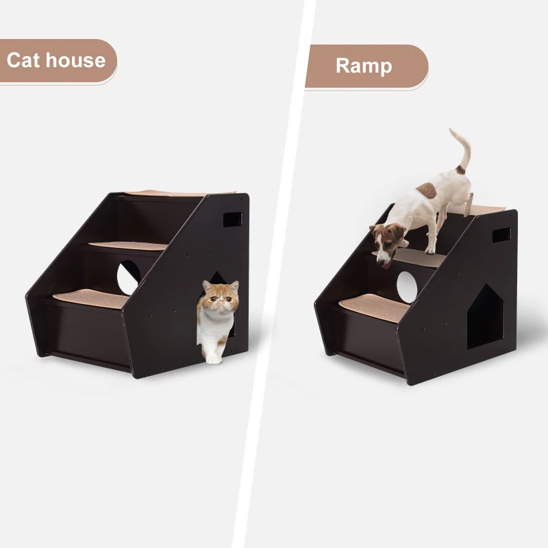 PawHut 3-Step Pet Stairs for Dogs and Cats with Built-in House and Nonslip Carpet, Brown